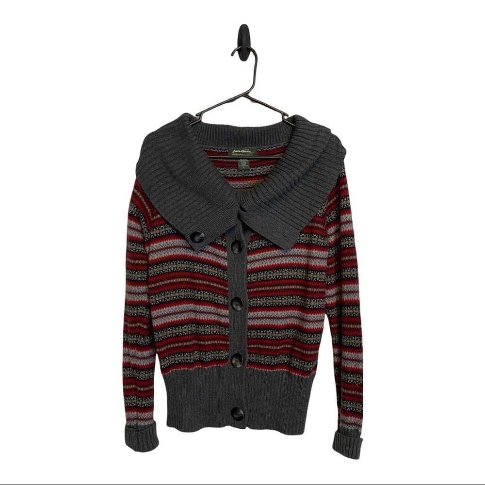 Eddie Bauer Women’s Large Gray and Red Cowl Neck Cardigan Sweater